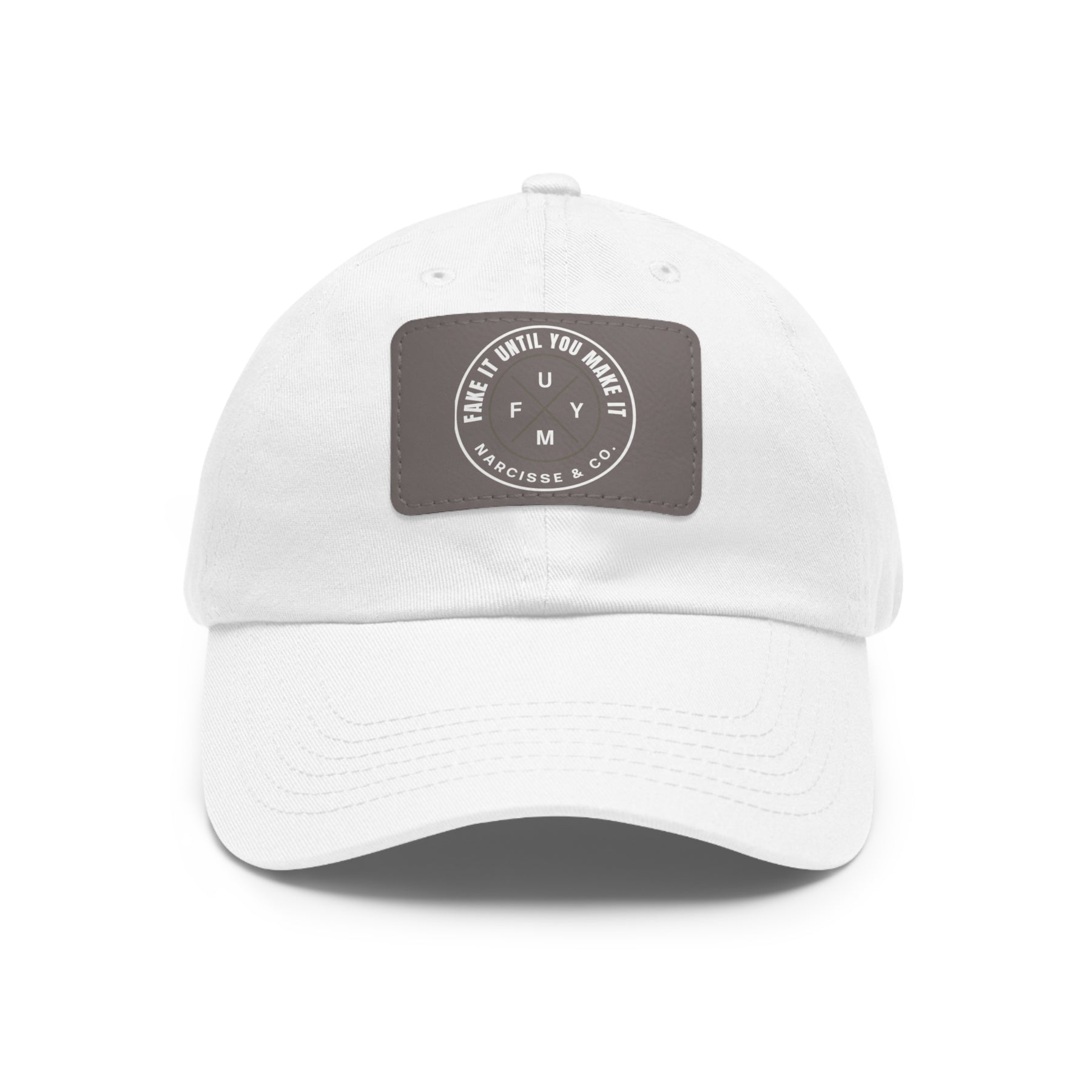 Leather Patch Dad Hat — Vintage Circular Logo "FUM" Cap - Fake it Until you Make It