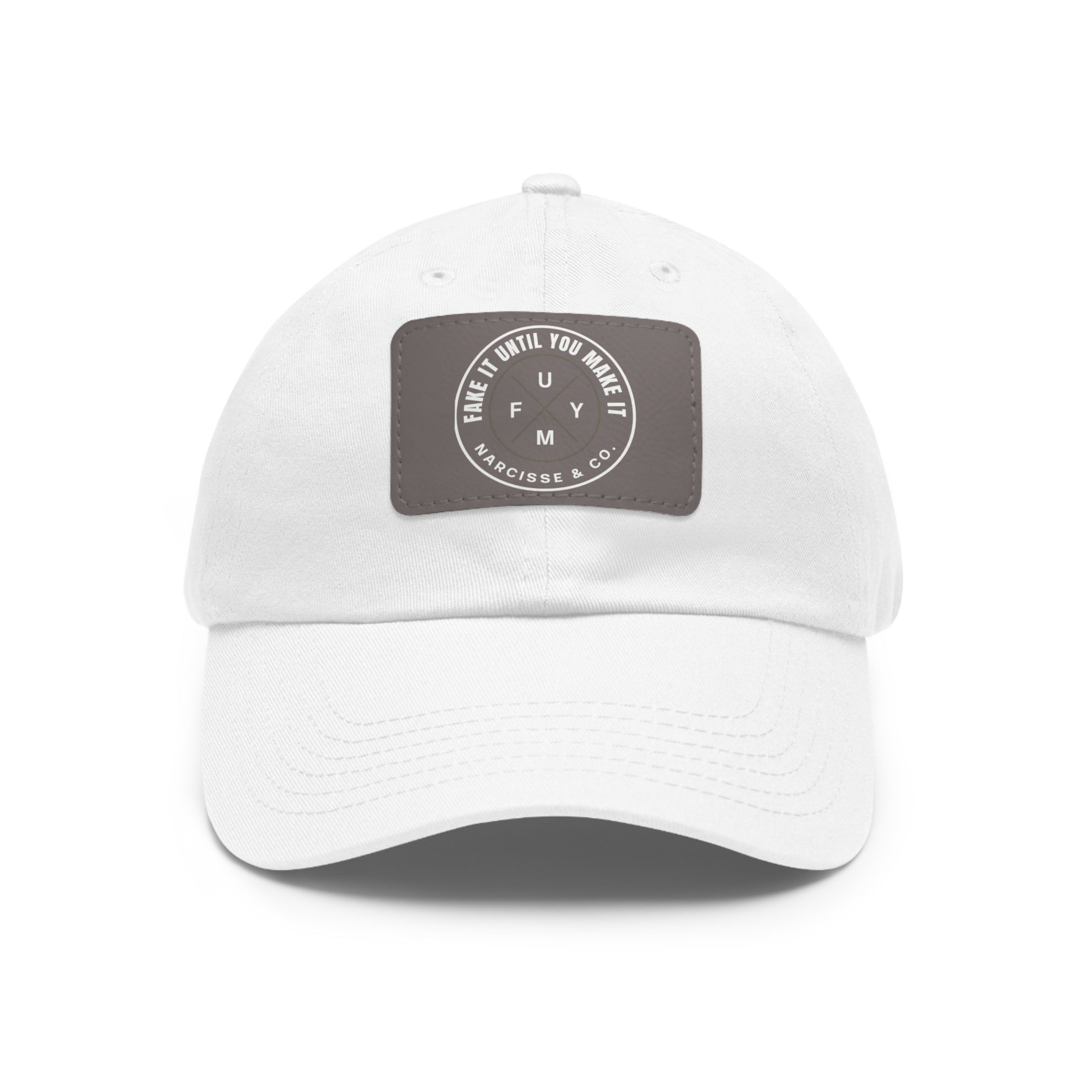 Leather Patch Dad Hat — Vintage Circular Logo "FUM" Cap - Fake it Until you Make It